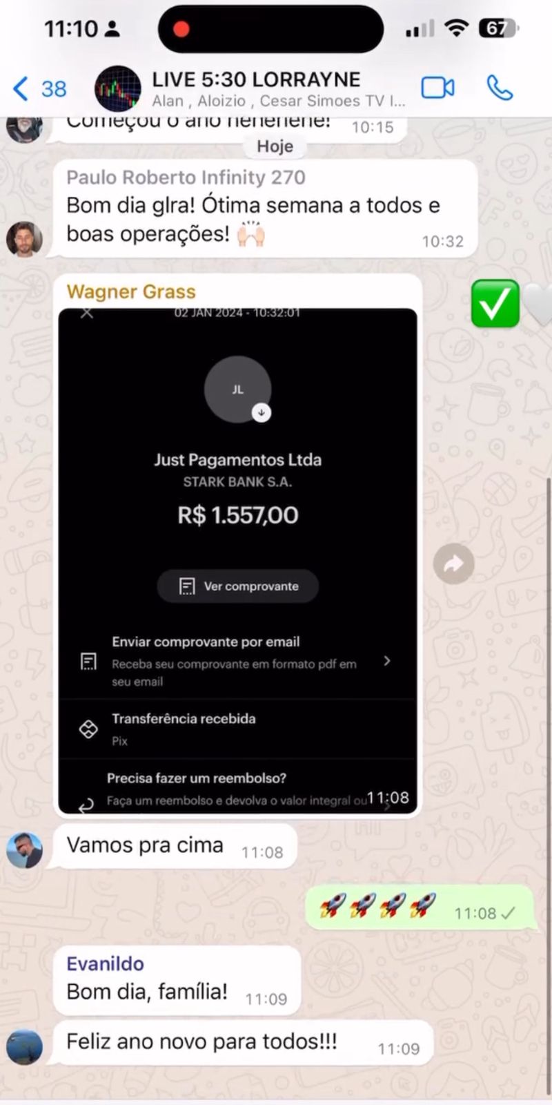Depoimento com múltiplas transferências de R$ 1.557